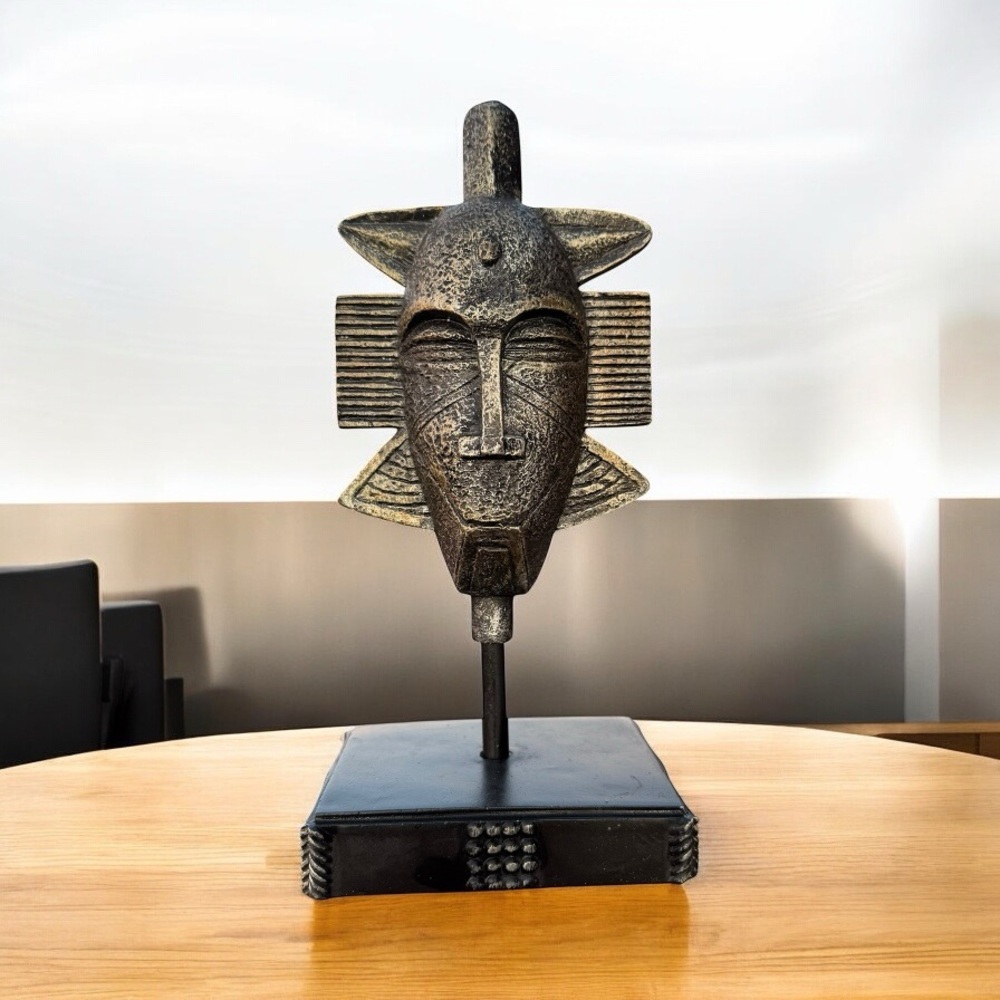 AFRICAN TRIBAL STYLE METAL MASK SCULPTURE ON STAND